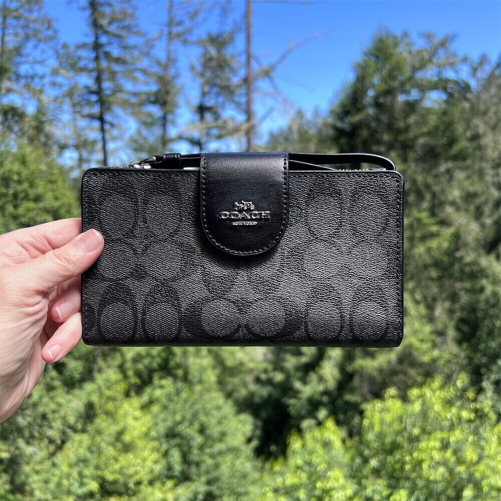 COACH Phone Wristlet Wallet Signature Canvas Blk/Gray Silver Hardware AUTHENTIC